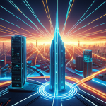 **

A futuristic cityscape featuring fiber optic cables glowing with light, representing a quantum network. Show a stylized bank building and a government building connected by the glowing network, emphasizing secure communication. The overall style should be clean and modern.

**