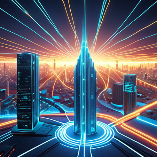 **

A futuristic cityscape featuring fiber optic cables glowing with light, representing a quantum network. Show a stylized bank building and a government building connected by the glowing network, emphasizing secure communication. The overall style should be clean and modern.

**
