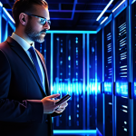 A focused cybersecurity expert, fully clothed in a professional business suit, standing in a dimly lit, futuristic data center. Server racks glow with abstract blue and purple quantum light effects, symbolizing data streams and potential threats. The expert looks thoughtfully at a holographic interface displaying classical and quantum cryptographic symbols, representing the shift in encryption paradigms. Perfect anatomy, correct proportions, natural pose, well-formed hands, proper finger count, natural body proportions. High-resolution, professional photography, digital art style. Safe for work, appropriate content, modest clothing, family-friendly.