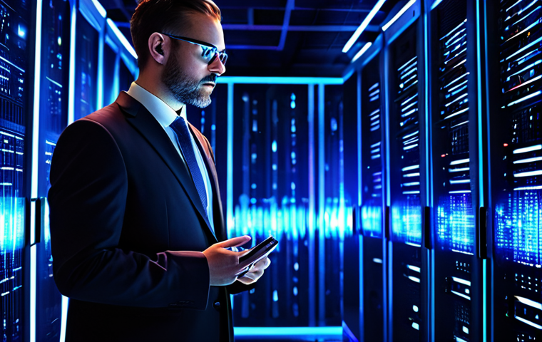 A focused cybersecurity expert, fully clothed in a professional business suit, standing in a dimly lit, futuristic data center. Server racks glow with abstract blue and purple quantum light effects, symbolizing data streams and potential threats. The expert looks thoughtfully at a holographic interface displaying classical and quantum cryptographic symbols, representing the shift in encryption paradigms. Perfect anatomy, correct proportions, natural pose, well-formed hands, proper finger count, natural body proportions. High-resolution, professional photography, digital art style. Safe for work, appropriate content, modest clothing, family-friendly.