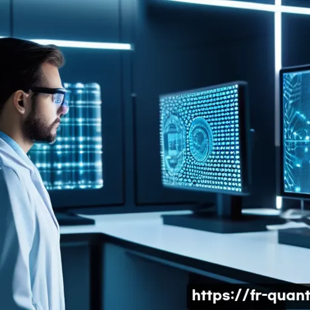 양자 통신의 이점과 한계 - A highly detailed futuristic laboratory scene in Paris, showcasing quantum communication technology ...