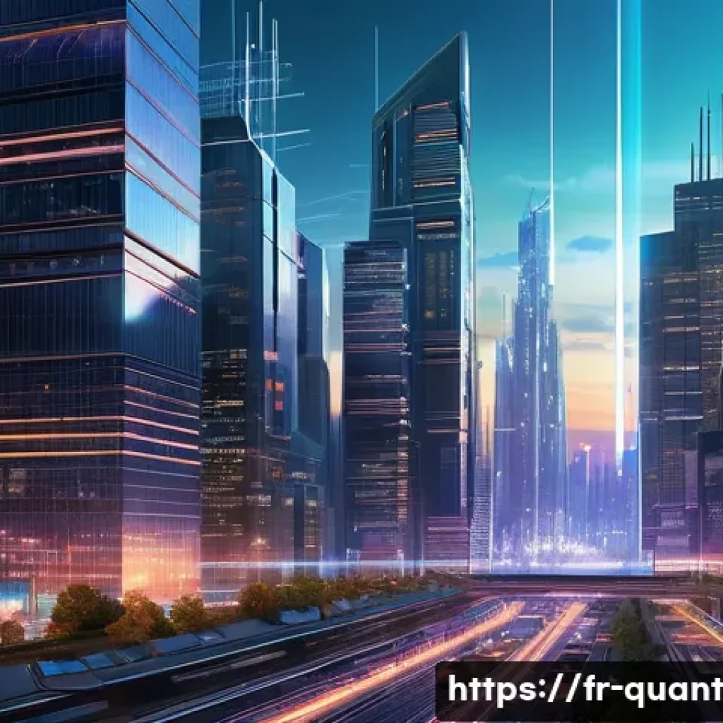 양자 보안 기술의 주요 연구자 및 기관 - A futuristic urban cityscape at dusk showcasing a high-tech metropolitan quantum communication netwo...