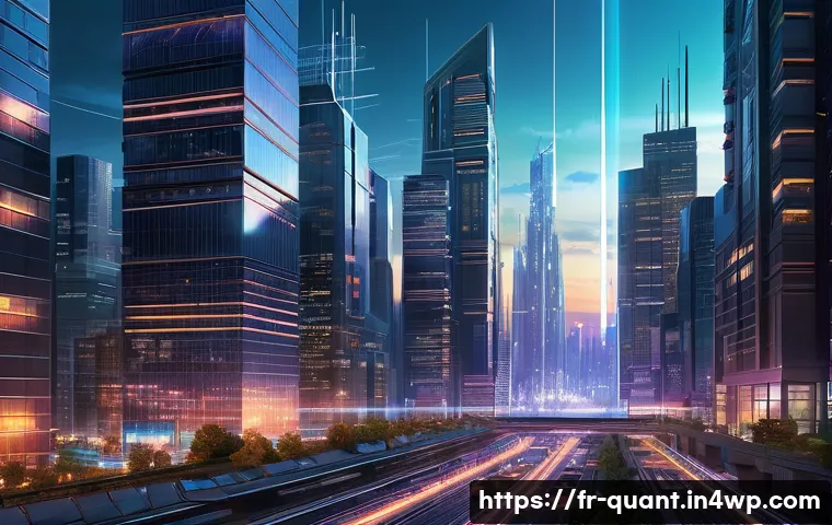 양자 보안 기술의 주요 연구자 및 기관 - A futuristic urban cityscape at dusk showcasing a high-tech metropolitan quantum communication netwo...