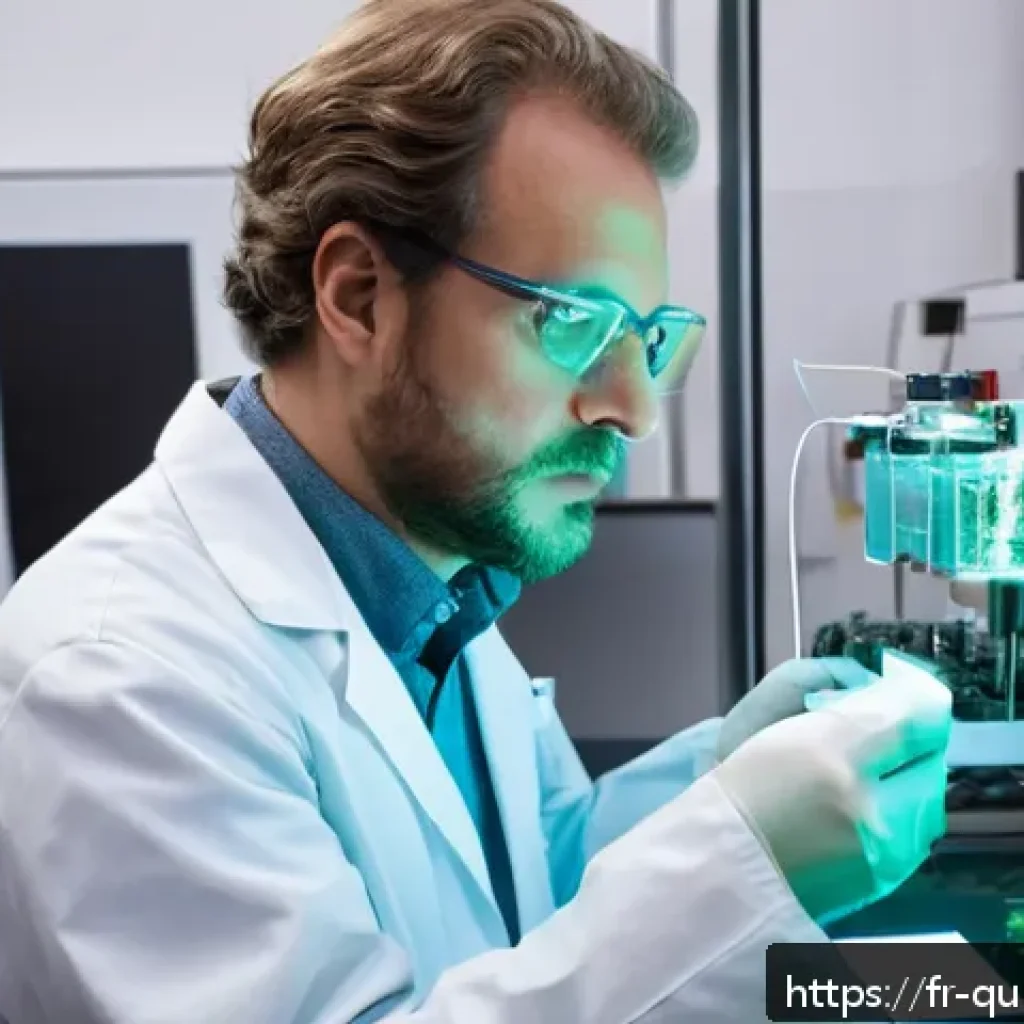 양자 키 분배 기술의 구현 방법 - A high-tech laboratory setting illustrating the quantum key distribution process: a scientist carefu...