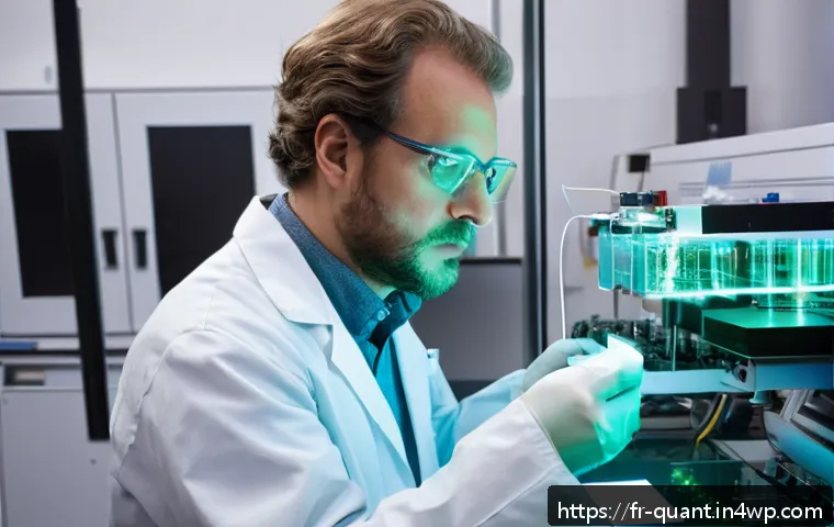 양자 키 분배 기술의 구현 방법 - A high-tech laboratory setting illustrating the quantum key distribution process: a scientist carefu...