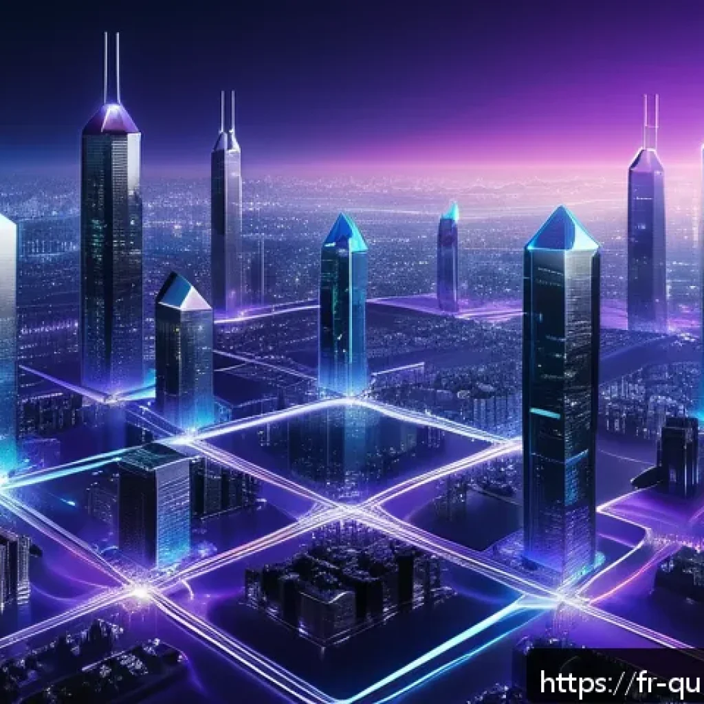 양자 보안 기술의 피어링 모델 - A futuristic decentralized quantum communication network visualization: multiple glowing nodes inter...