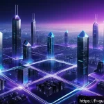 Home 21 양자 보안 기술의 피어링 모델 - A futuristic decentralized quantum communication network visualization: multiple glowing nodes inter...