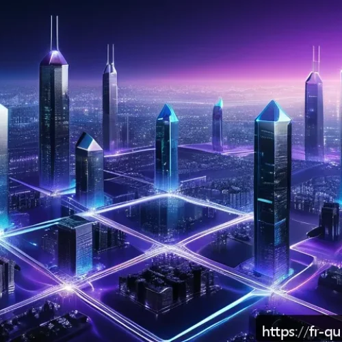 Home 33 양자 보안 기술의 피어링 모델 - A futuristic decentralized quantum communication network visualization: multiple glowing nodes inter...