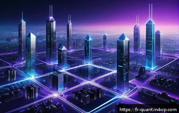 양자 보안 기술의 피어링 모델 - A futuristic decentralized quantum communication network visualization: multiple glowing nodes inter...