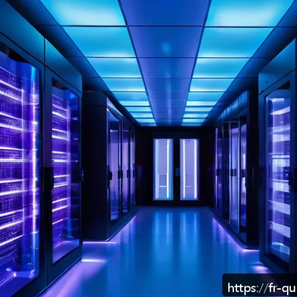 양자 보안 기술의 시장 기회 발굴 - A futuristic European data center interior showcasing quantum cryptography technology in action: glo...