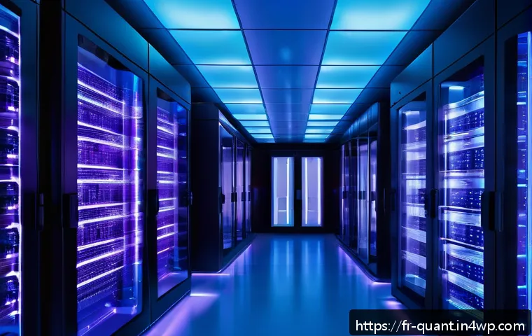 양자 보안 기술의 시장 기회 발굴 - A futuristic European data center interior showcasing quantum cryptography technology in action: glo...