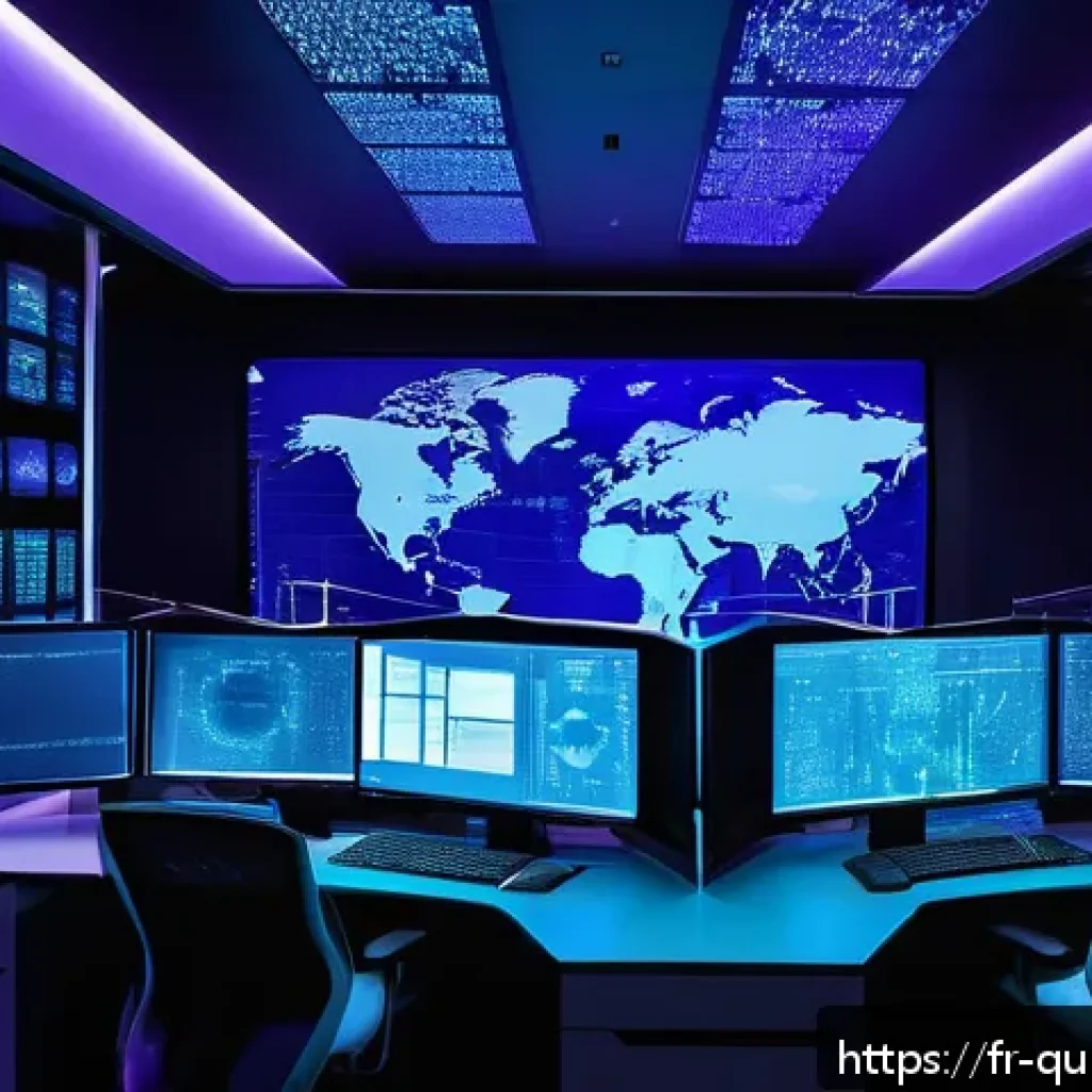 양자 보안 기술의 글로벌 시장 동향 - A futuristic European quantum cybersecurity control room, filled with holographic displays showing q...