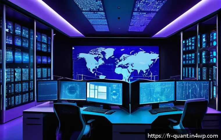 양자 보안 기술의 글로벌 시장 동향 - A futuristic European quantum cybersecurity control room, filled with holographic displays showing q...