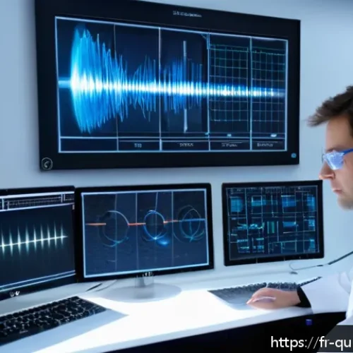Home 30 양자 통신의 안전성 평가 기준 - A high-tech laboratory scene showcasing a quantum communication experiment: a scientist in modern Eu...