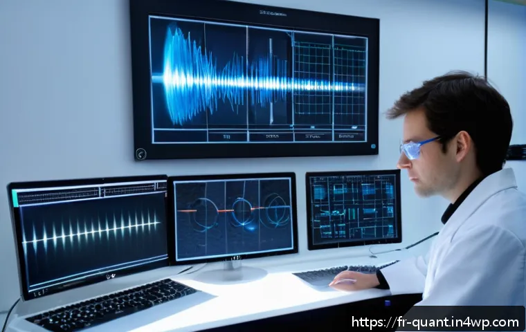 양자 통신의 안전성 평가 기준 - A high-tech laboratory scene showcasing a quantum communication experiment: a scientist in modern Eu...