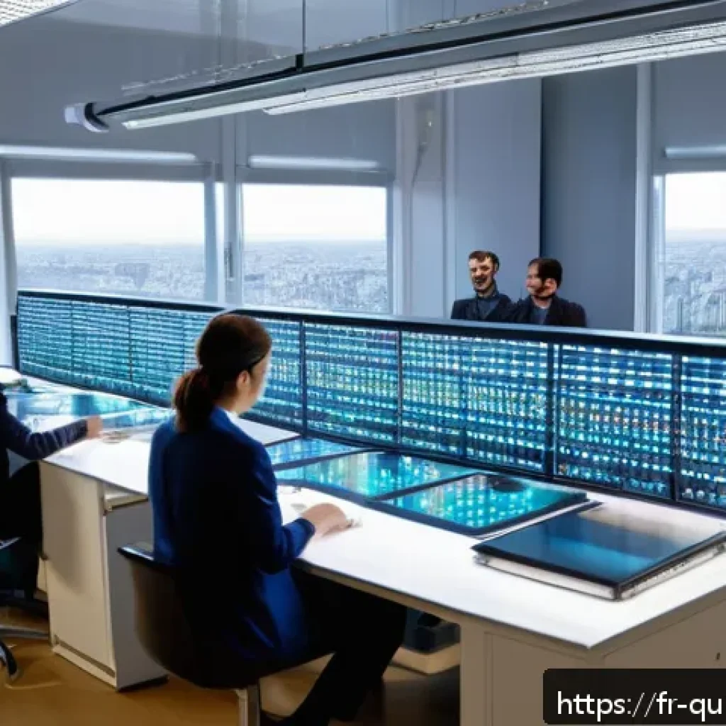 양자 보안 기술의 경쟁력 있는 기업들 - A futuristic French laboratory interior showcasing advanced quantum cryptography hardware: sleek pho...