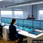 Home 23 양자 보안 기술의 경쟁력 있는 기업들 - A futuristic French laboratory interior showcasing advanced quantum cryptography hardware: sleek pho...