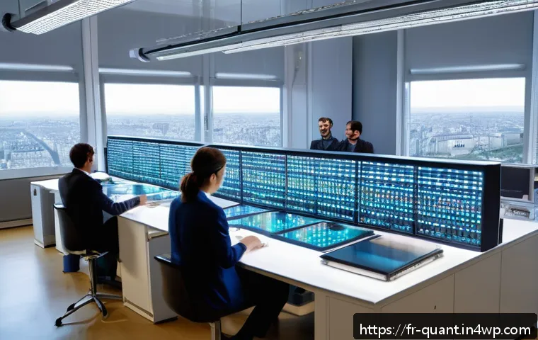 양자 보안 기술의 경쟁력 있는 기업들 - A futuristic French laboratory interior showcasing advanced quantum cryptography hardware: sleek pho...