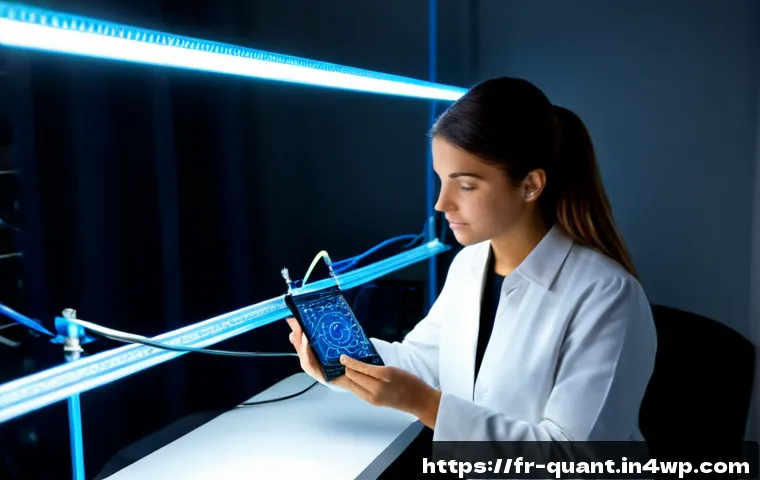 Home 17 양자 키 분배 QKD 란 무엇인가 - Photorealistic secure quantum key distribution laboratory in France, a female cybersecurity engineer...