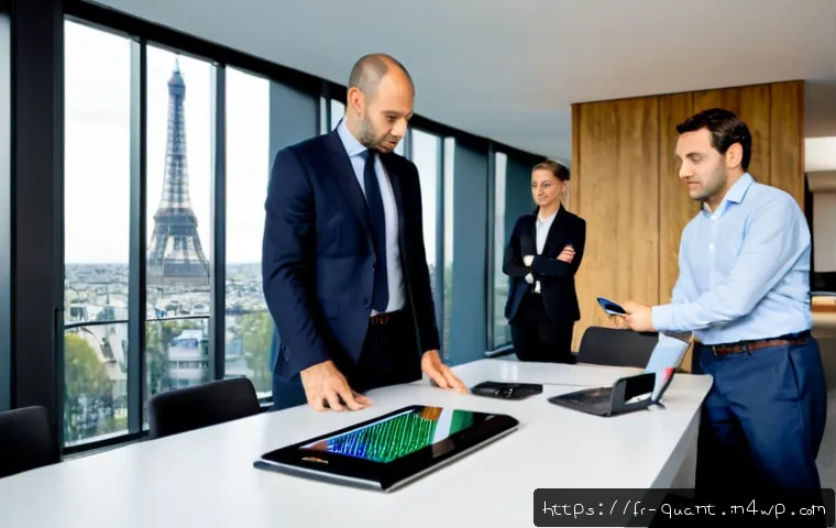 양자 보안 기술의 시장 진입 전략 - Photorealistic Paris financial district meeting room, a diverse French technology startup team and e...