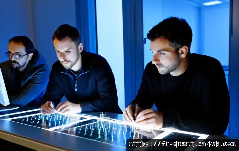 양자 보안 시스템 설계 시 고려사항 - Photorealistic quantum security design workshop in a modern Paris research laboratory, diverse Frenc...