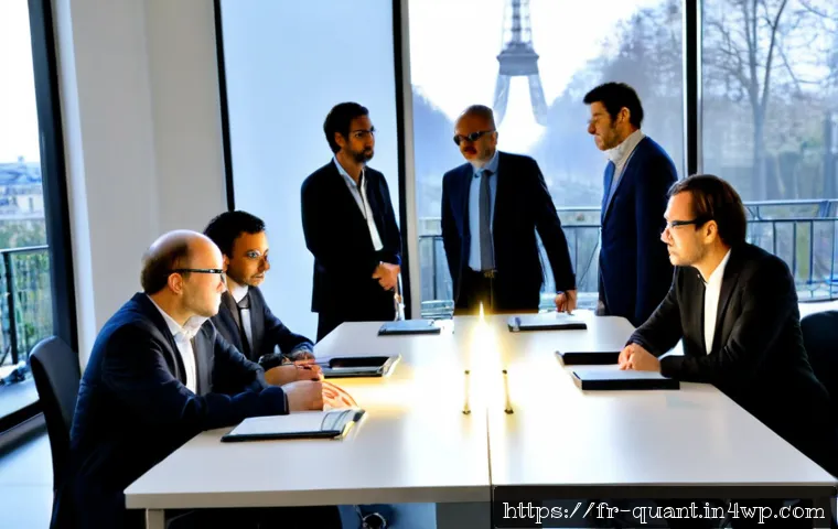 Home 17 양자 보안 기술의 글로벌 협력 동향 - Photorealistic international quantum security collaboration meeting in a bright modern Paris researc...