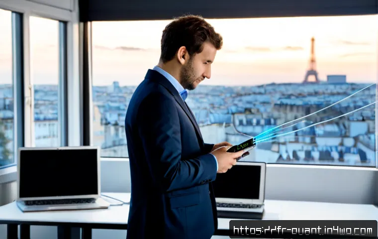 Home 17 양자 통신의 보안성 강화 방안 - Photorealistic cybersecurity laboratory in Paris, a French quantum communications engineer in a smar...